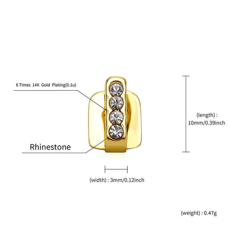 Gold-plated dental grills jewelry with four clear rhinestones vertically set made from high-quality materials for men and women