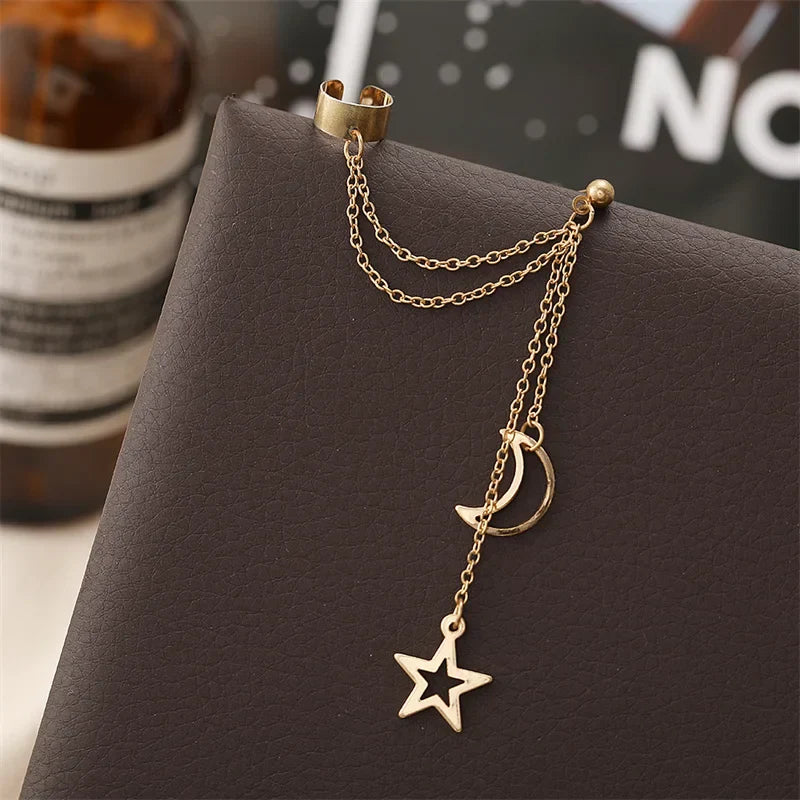 Gold-toned hiphop clip earrings with star moon pendants and layered chains cuff punk personality style for women