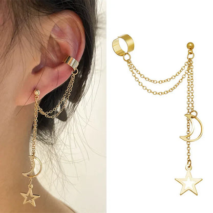 Gold-toned hiphop clip earrings with star moon pendants and cuff punk personality details for women