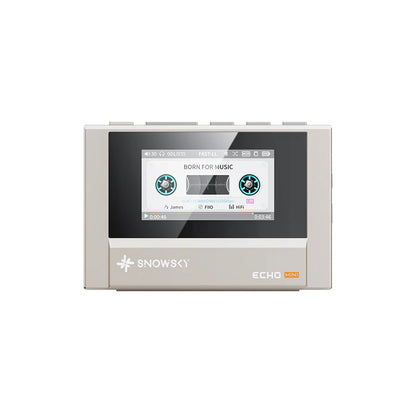 Silver fiio snowsky echo mini bluetooth mp3 walkman with touchscreen displaying cassette tape interface and 15 hours playback