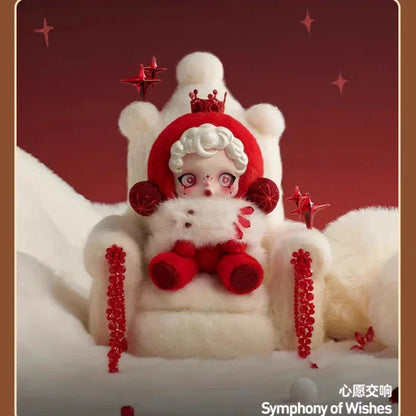 A plush genuine stock popmart skullpanda winter music doll in red and white with a crown seated on an ornate throne