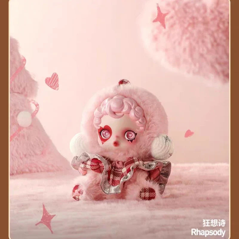 Pink fluffy plush doll with curly hair and red-checkered ruffled collar from genuine stock popmart skullpanda winter music series