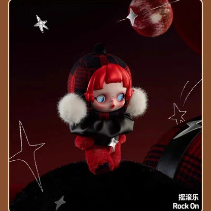 Red-haired blue-eyed plush doll wearing black and red plaid hat with white fur trim from genuine stock popmart skullpanda winter music series
