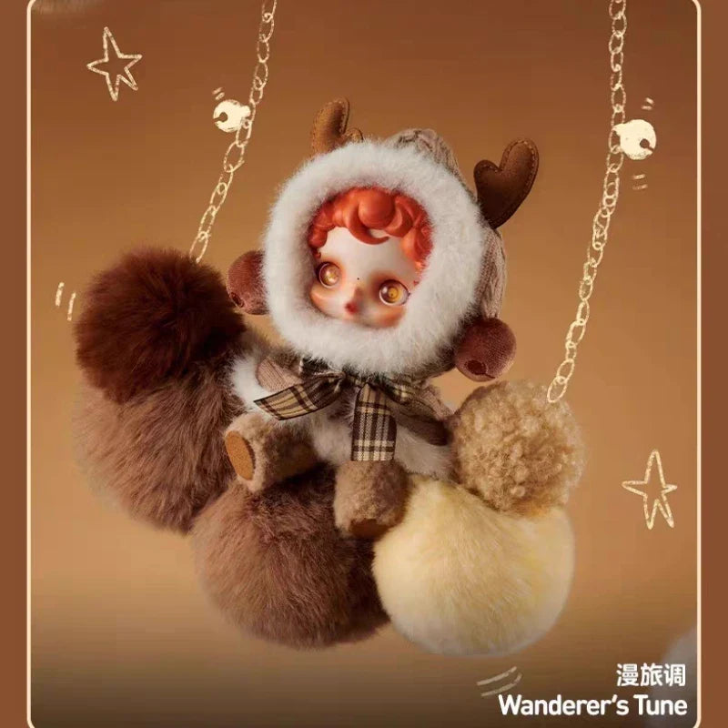 A genuine stock popmart skullpanda plush pendant featuring a deer theme with fluffy white hood and brown fur accents