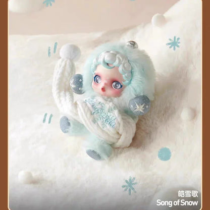 A genuine stock popmart skullpanda plush doll in mint green white with glittery silver accents from the winter music series