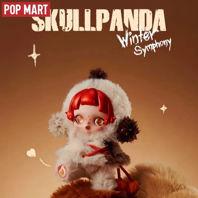 A genuine stock popmart plush skullpanda doll with white fur red hair golden eyes in a winter music series outfit