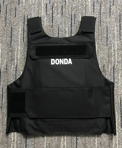 Black tactical vest with white donda lettering across the chest from new icons vests 2022 hiphop streetwear collection