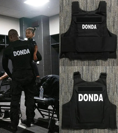 Black hiphop street vest with white donda lettering designed as a strike waistcoat gilet undershirt singlet