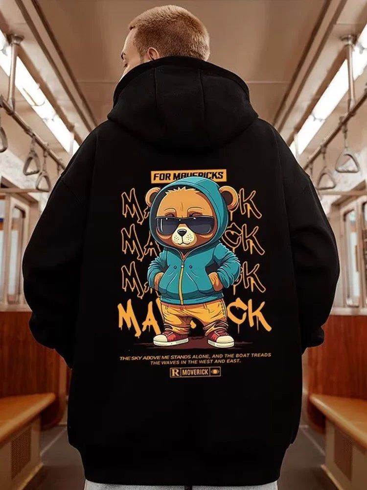 Black oversized streetwear y2k hoody sweatshirts fleece with vibrant teal and orange hip hop bear graphic by movericks
