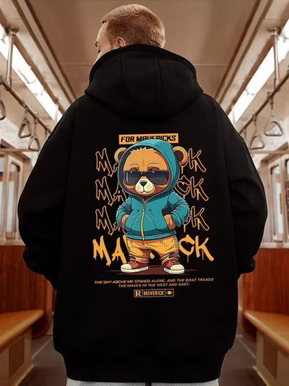 Black oversized streetwear y2k hoody sweatshirts fleece with vibrant teal and orange hip hop bear graphic by movericks
