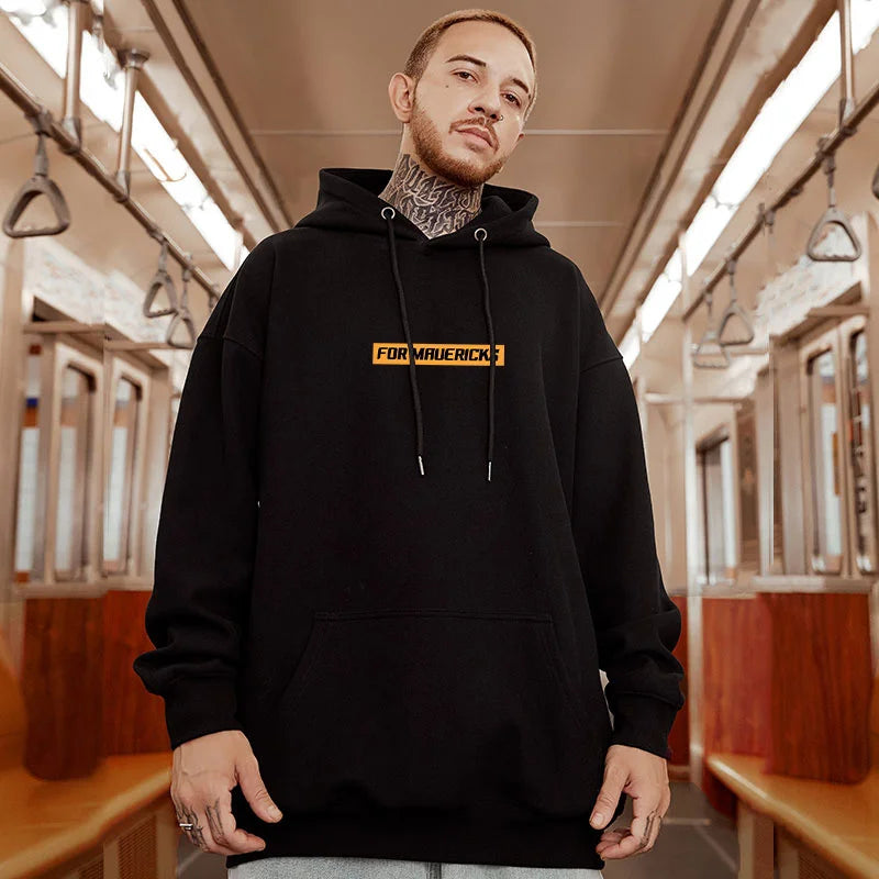 Black oversized streetwear y2k hoody sweatshirts fleece with bold orange for maurerick logo for hip hop bear style