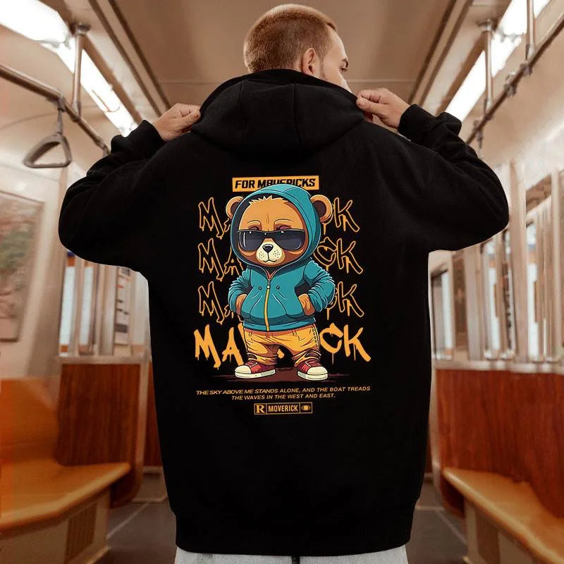 Black hooded sweatshirt with vibrant teal and orange hip hop bear graphic on back oversized streetwear y2k fleece hoody