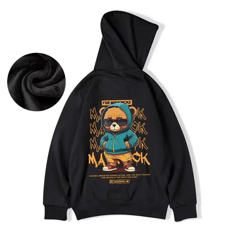 Black oversized streetwear y2k hoodie sweatshirt fleece with hip hop bear graphic wearing sunglasses and teal hoodie