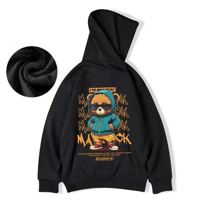 Black oversized streetwear y2k hoodie sweatshirt fleece with hip hop bear graphic wearing sunglasses and teal hoodie