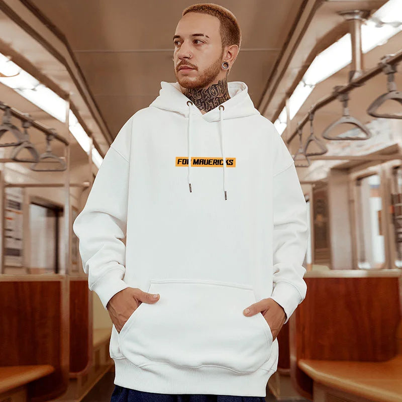 White oversized streetwear y2k hoodie sweatshirt fleece with bold yellow for mauricis logo for hip hop bear style