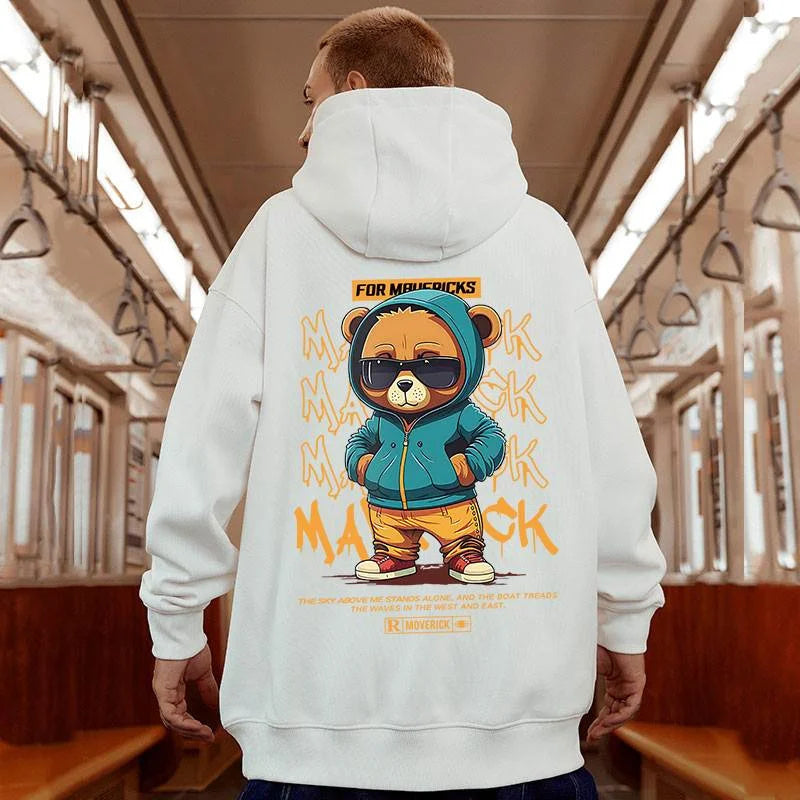 White oversized streetwear y2k hoody sweatshirts fleece featuring hip hop bear graphic with teal and orange sunglasses design