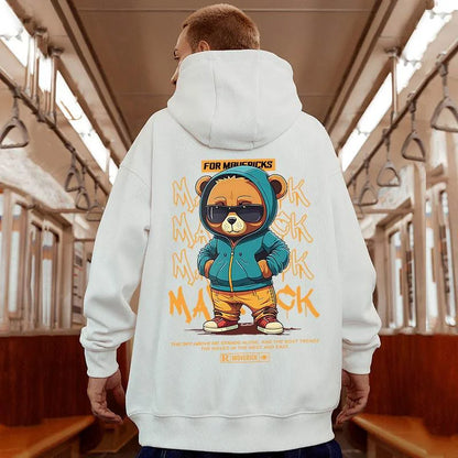 White oversized streetwear y2k hoody sweatshirts fleece featuring hip hop bear graphic with teal and orange sunglasses design