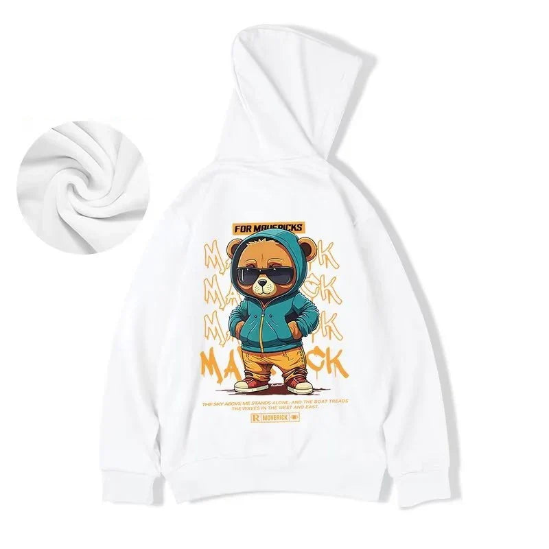White oversized streetwear y2k hoody sweatshirts fleece featuring hip hop bear graphic with teal jacket and for mauricks text
