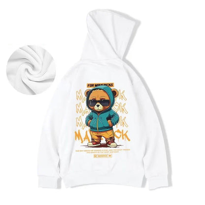 White oversized streetwear y2k hoody sweatshirts fleece featuring hip hop bear graphic with teal jacket and for mauricks text