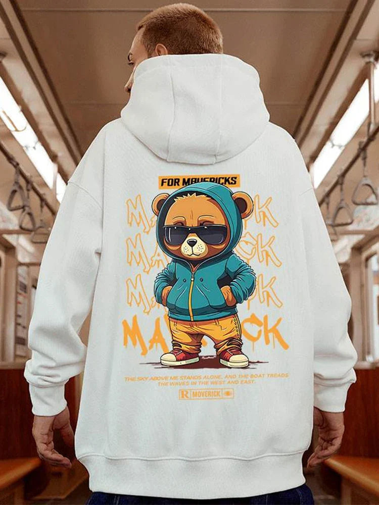 White oversized streetwear y2k hoodie sweatshirts fleece with hip hop bear graphic in teal jacket and sunglasses