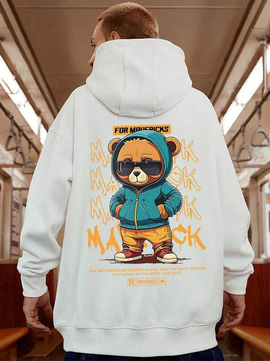White oversized streetwear y2k hoodie sweatshirts fleece with hip hop bear graphic in teal jacket and sunglasses