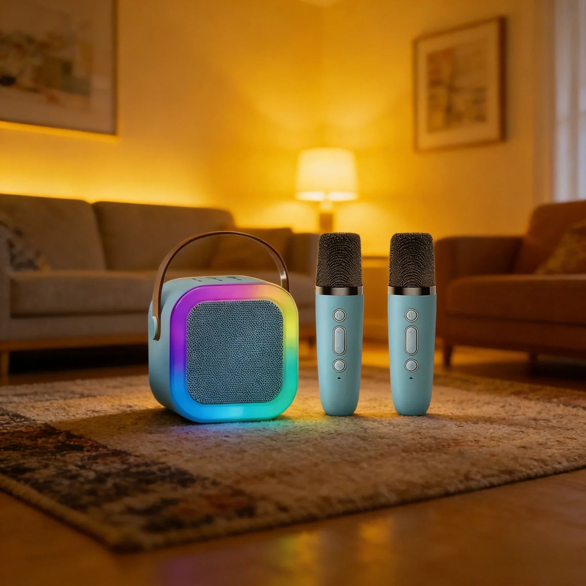 Light blue new k12 portable karaoke speaker with microphones rgb led lights deep bass and bass long battery life for family use