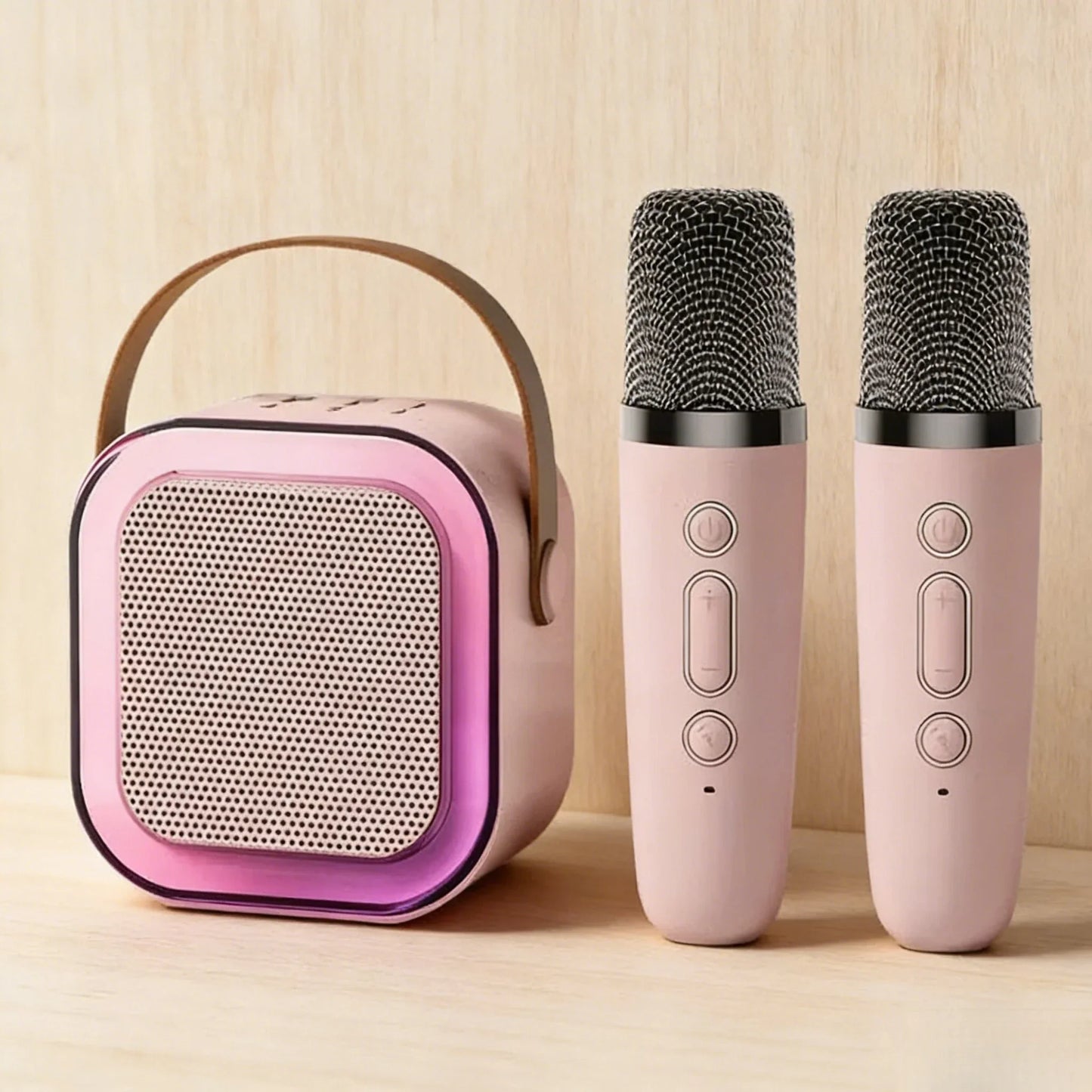 New k12 portable karaoke speaker with pink and purple design brown handle rgb led lights deep bass microphones rgb led
