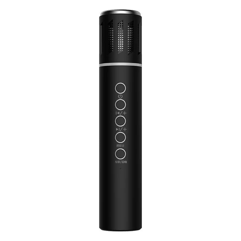 Black cylindrical k20 bluetooth speaker with silver accents and circular buttons for live broadcast microphone karaoke large capacity