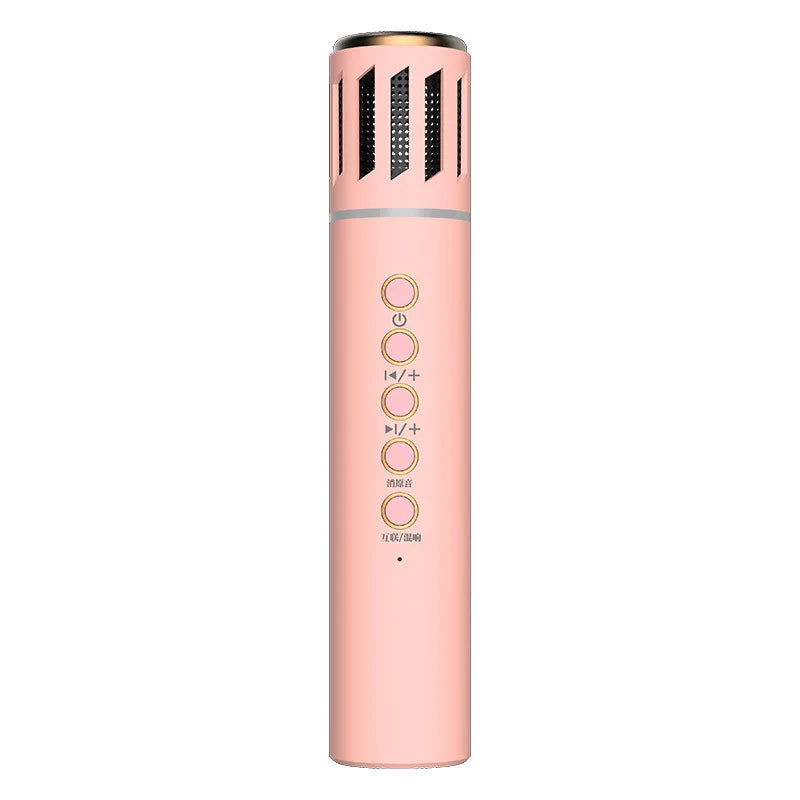 Pink handheld live broadcast microphone with gold accents and control buttons for k20 bluetooth speaker karaoke large capacity