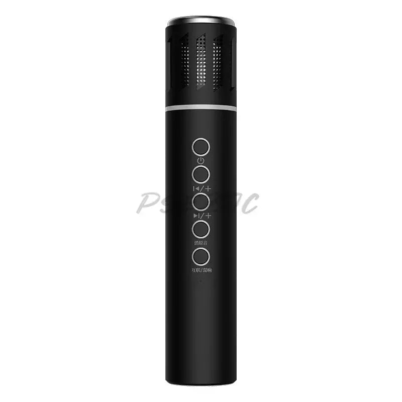 Black cylindrical k20 bluetooth speaker live broadcast microphone with silver accents and karaoke large capacity battery