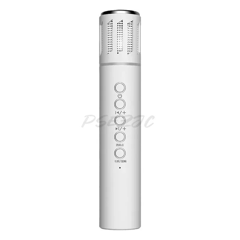Silver cylindrical new k20 bluetooth speaker live broadcast microphone with metallic grille and circular control buttons for karaoke large capacity use