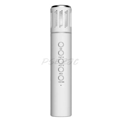 Silver cylindrical new k20 bluetooth speaker live broadcast microphone with metallic grille and circular control buttons for karaoke large capacity use