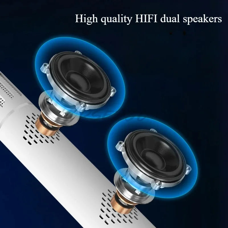 White cylindrical k20 bluetooth speaker with dual black cone hi-fi drivers and metallic silver surrounds for karaoke large capacity use