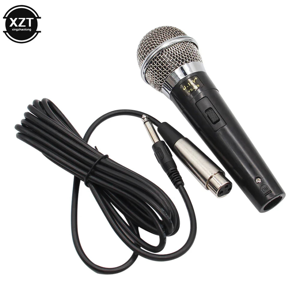 Black handheld dynamic karaoke microphone handheld with silver mesh grille chrome accents for vocal music performance
