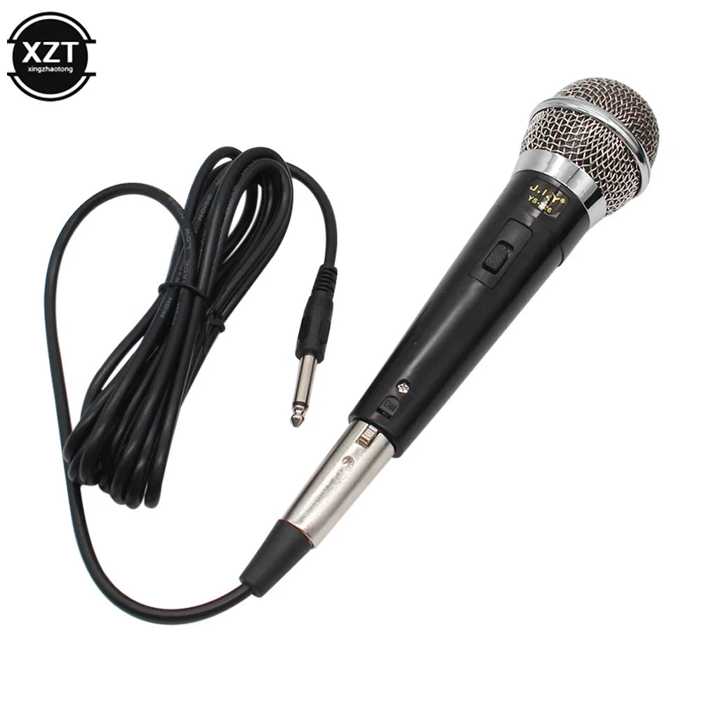 Black microphone handheld professional dynamic wired with silver mesh grille and coiled cable for vocal music performance