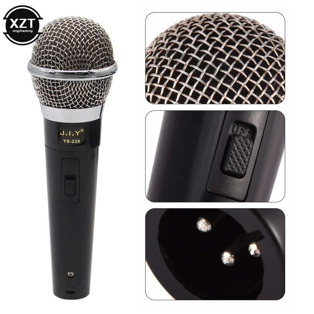 Black handheld professional wired dynamic microphone ys-226 by j.i.y with silver mesh grille for vocal music performance