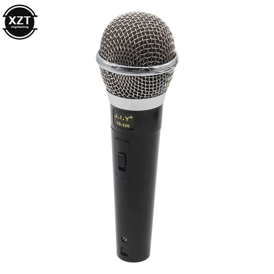 Black handheld karaoke microphone with silver mesh grille and chrome accents for vocal music performance and professional use
