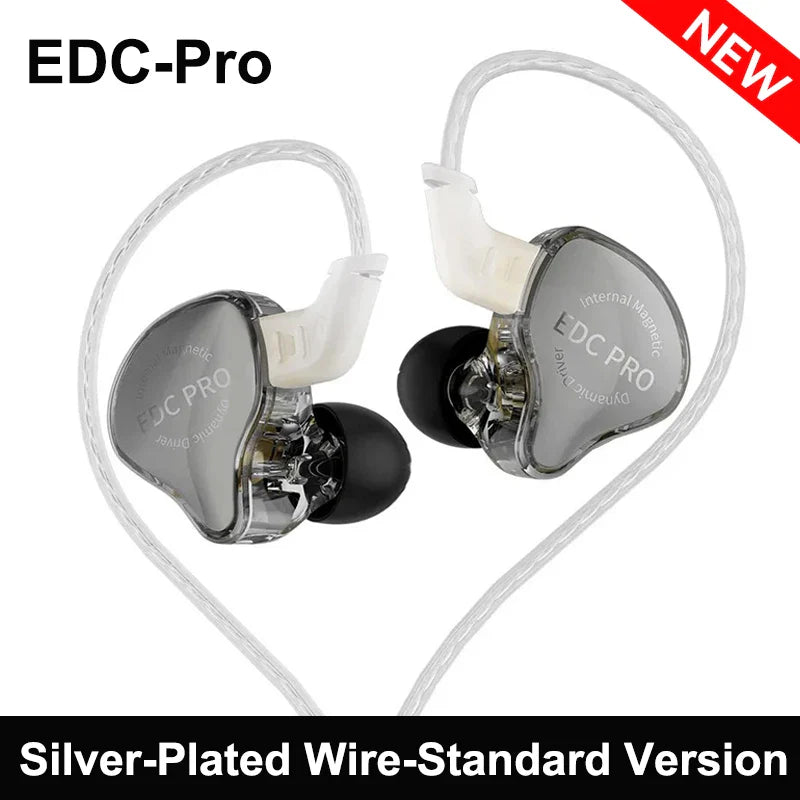 Clear silver-plated edc pro headset with black silicone tips and white ear hooks for sports noise reduction and hifi monitoring