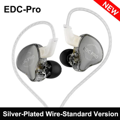 Clear silver-plated edc pro headset with black silicone tips and white ear hooks for sports noise reduction and hifi monitoring