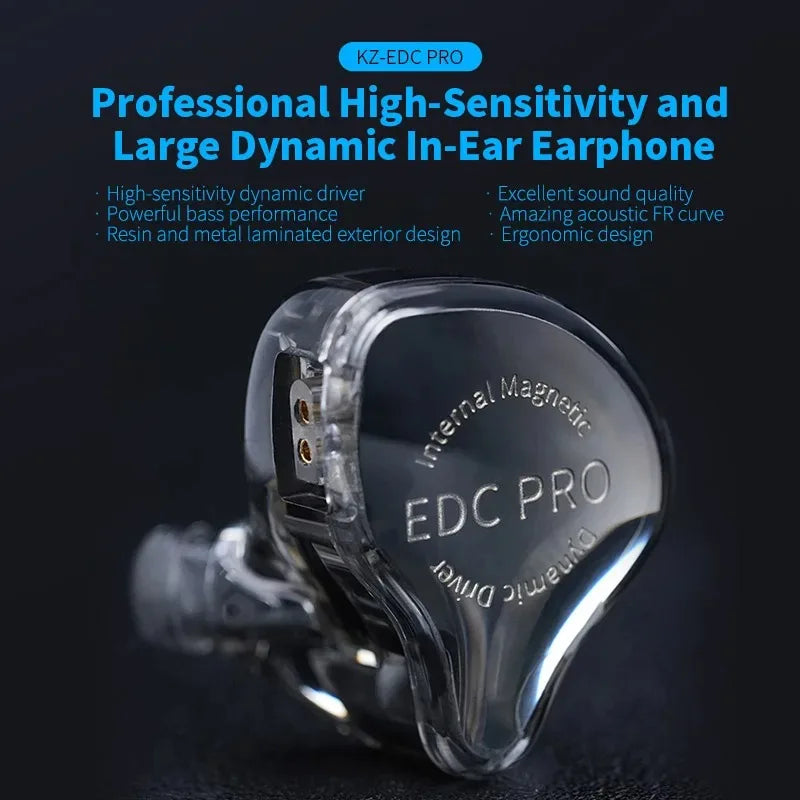 Clear resin and metal-laminated kz edc pro headset in-ear monitor earbuds hifi with engraved internal magnetic dynamic driver for sports noise reduction