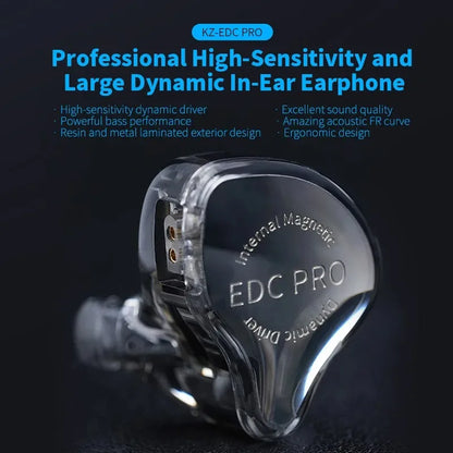 Clear resin and metal-laminated kz edc pro headset in-ear monitor earbuds hifi with engraved internal magnetic dynamic driver for sports noise reduction
