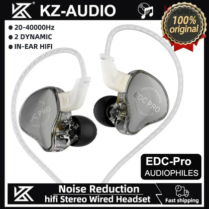 Clear transparent kz-audio edc pro headset with silver accents and black silicone tips monitor earbuds hifi for sports noise reduction