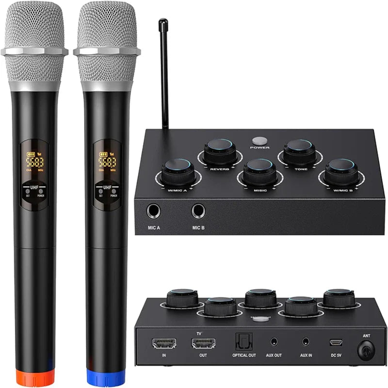 Black wireless handheld microphones with silver mesh grilles and digital displays paired with a karaoke mixer hd arc launch dual channels for home theater use