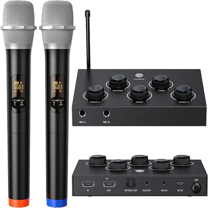 Black wireless handheld microphones with silver mesh grilles and digital displays paired with a karaoke mixer hd arc launch dual channels for home theater use