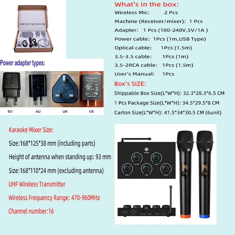Black wireless karaoke mixer with launch dual channels and microphone hd arc features, orange and blue accents on mics