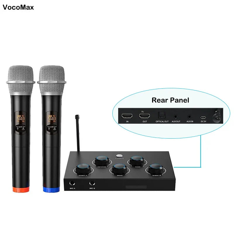 Vocomax black wireless microphone system with dual channels karaoke mixer and microphone hd arc optical toslink receiver