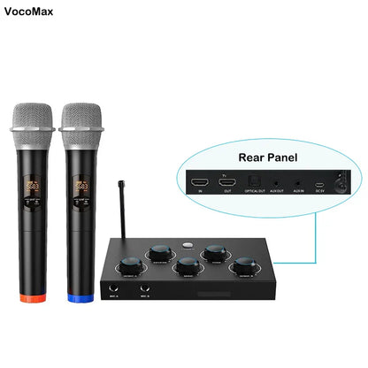 Vocomax black wireless microphone system with dual channels karaoke mixer and microphone hd arc optical toslink receiver