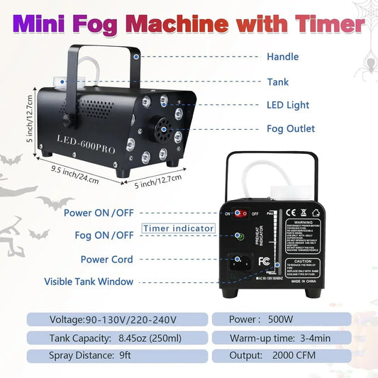 Black led-600pro mini disco smoke machine with timer handle tank and multiple led lights for halloween smoke spraying and christmas use