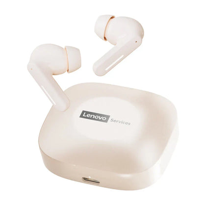 Cream-colored lenovo le209 wireless bluetooth earphone anc with sleek plastic casing and intelligent noise reduction tips