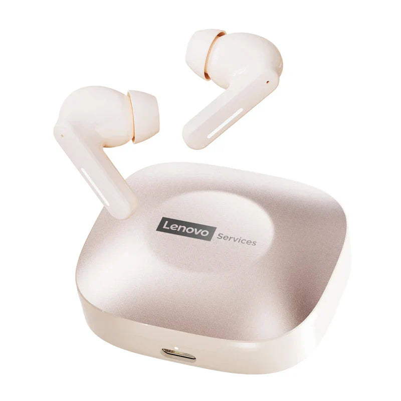 Cream-colored lenovo le209 wireless bluetooth earphone anc with intelligent noise reduction and matte-finished charging case